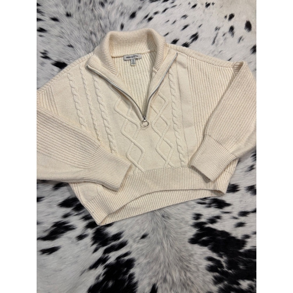 Urban Outfitters Womens Cream Cable Knit Quarter Zip Pullover Sweater Medium